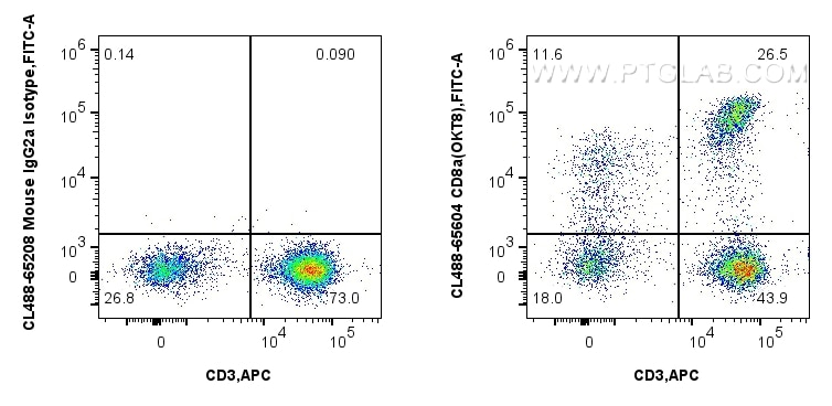 1x10^6 human PBMCs were surface stained with APC Anti-Human CD3, and 5 ul CoraLite® Plus 488 Anti-Human CD8a (OKT8) Mouse IgG2a RecAb (CL488-65604, Clone: OKT8) or CoraLite® Plus 488 Mouse IgG2a Isotype Control (C1.18.4) (CL488-65208, Clone: C1.18.4). Cells were not fixed. Lymphocytes were gated. Flow cytometry (FC) experiment of human PBMCs using CoraLite® Plus 488 Anti-Human CD8a (OKT8) Mouse Ig (CL488-65604)