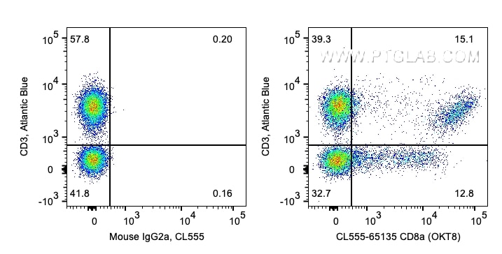 Flow cytometry (FC) experiment of human PBMCs using CoraLite® Plus 555 Anti-Human CD8a (OKT8) (CL555-65135)