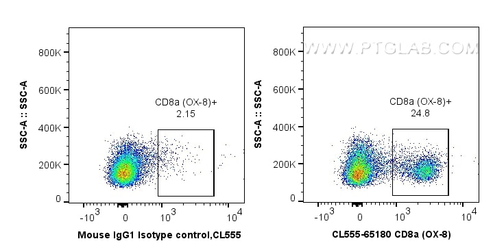 Flow cytometry (FC) experiment of rat splenocytes cells using CoraLite® Plus 555 Anti-Rat CD8a (OX-8) (CL555-65180)