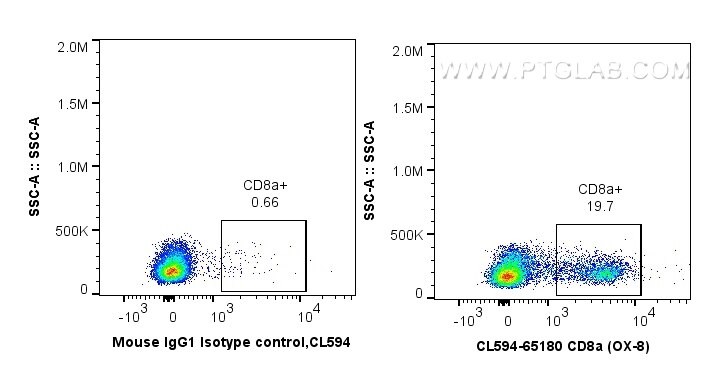 Flow cytometry (FC) experiment of rat splenocytes cells using CoraLite®594 Anti-Rat CD8a (OX-8) (CL594-65180)