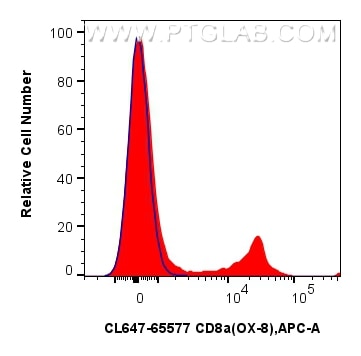 1x10^6 rat splenocytes were surface stained with 0.25 ug CoraLite® Plus 647 Anti-Rat CD8a (OX-8) Mouse IgG2a RecAb (CL647-65577, Clone: OX-8) (red) or CoraLite® Plus 647 Mouse IgG2a Isotype Control (C1.18.4) (CL647-65208, Clone: C1.18.4) (blue). Cells were not fixed. Flow cytometry (FC) experiment of rat splenocytes cells using CoraLite® Plus 647 Anti-Rat CD8a (OX-8) Mouse IgG2 (CL647-65577)