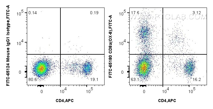 Flow cytometry (FC) experiment of rat splenocytes cells using FITC Plus Anti-Rat CD8a (OX-8) (FITC-65180)
