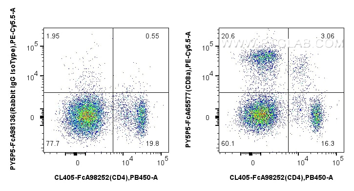 FC experiment of rat splenocytes using PY5P5-FcA65577 Flow cytometry (FC) experiment of rat splenocytes cells using FcZero-rAb® PE-Cyanine5.5 Anti-Rat CD8a (OX-8) Rab (PY5P5-FcA65577)