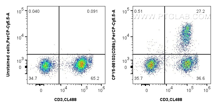 1x10^6 human PBMCs were surface stained with 5 ul CoraLite® Plus 488 Anti-Human CD3 (UCHT1) Mouse IgG2a Recombinant Antibody (CL488-65570, Clone: UCHT1), and 5 ul PerCP-Cyanine5.5 Anti-Human CD8b Rabbit RecAb (CPY5-98103, Clone: 241326A7) or unstained. Cells were not fixed. Flow cytometry (FC) experiment of human PBMCs using PerCP-Cyanine5.5 Anti-Human CD8b Rabbit Recombinan (CPY5-98103)