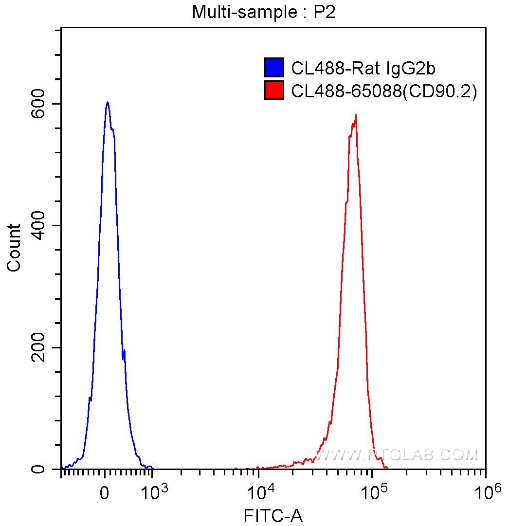 Flow cytometry (FC) experiment of BALB/c mouse thymocytes using CoraLite® Plus 488 Anti-Mouse CD90.2 (30-H12) (CL488-65088)