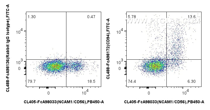 FC experiment of human PBMCs using CL488-FcA98172 Flow cytometry (FC) experiment of human PBMCs using FcZero-rAb® CoraLite® Plus 488 Anti-Human CD94 Rab (CL488-FcA98172)