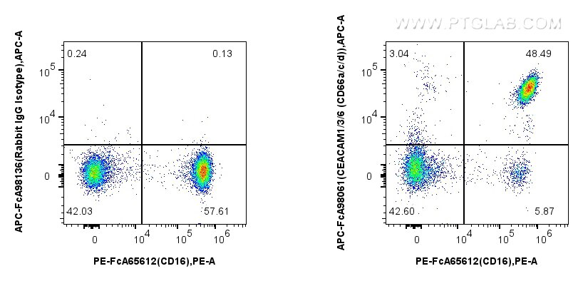Flow cytometry (FC) experiment of human peripheral blood leukocytes using FcZero-rAb™ APC Anti-Human CEACAM1/3/6 (CD66a/c/d) (APC-FcA98061)