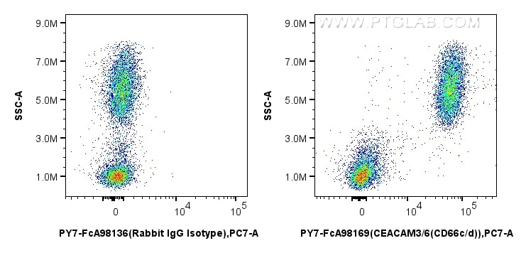 Flow cytometry (FC) experiment of human peripheral blood leukocyte using FcZero-rAb® PE-Cyanine7 Anti-Human CEACAM3/6 (CD66 (PY7-FcA98169)