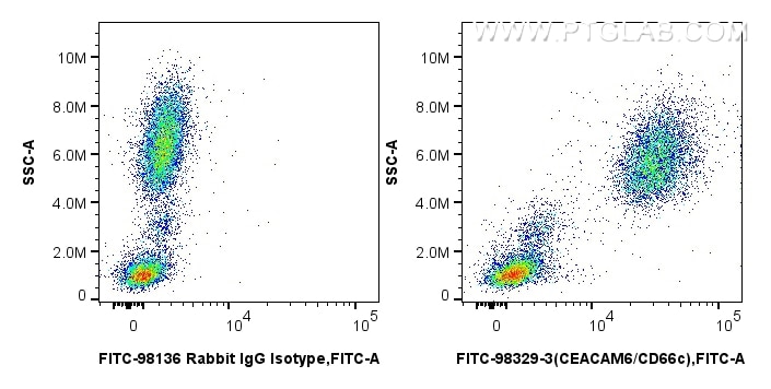 FC experiment of human peripheral blood leukocytes using FITC-98329-3 Flow cytometry (FC) experiment of human peripheral blood leukocytes using FITC Plus Anti-Human CEACAM6/CD66c Rabbit Recombin (FITC-98329-3)