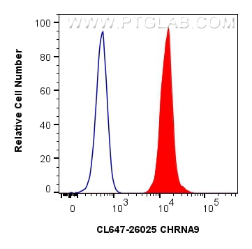 1x10^6 RAW 264.7 cells were intracellularly stained with 0.4 ug CoraLite® Plus 647-conjugated CHRNA9 Polyclonal antibody (CL647-26025)(red), or 0.4 ug Isotype Control (blue). Cells were fixed and permeabilized with Intracellular Flow Cytometry Fixation & Permeabilization Buffer Kit (PF00019). Flow cytometry (FC) experiment of RAW 264.7 cells using CoraLite® Plus 647-conjugated CHRNA9 Polyclonal an (CL647-26025)