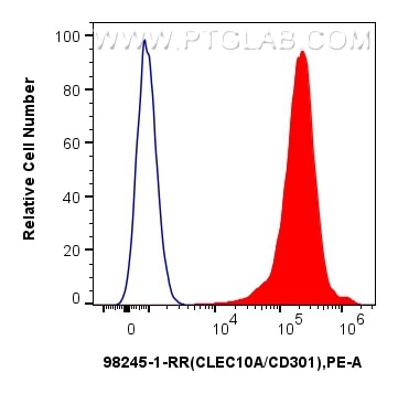 1x10^6 human immature monocyte-derived dendritic cells were surface stained with 0.25 ug Anti-Human CLEC10A/CD301 Rabbit RecAb (98245-1-RR, Clone: 241857C11) (red) or 0.25 ug Rabbit IgG Isotype Control Recombinant Antibody (98136-1-RR, Clone: 240953C9) (blue), and PE-Conjugated Goat Anti-Rabbit IgG(H+L). Cells were incubated with FC Receptor Block prior to staining. Cells were not fixed. Flow cytometry (FC) experiment of Human immature monocyte-derived dendritic cells using Anti-Human CLEC10A/CD301 Rabbit Recombinant Antibo (98245-1-RR)