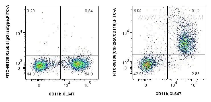 Flow cytometry (FC) experiment of mouse bone marrow cells using FITC Plus Anti-Mouse CSF2RA/CD116 Rabbit Recombina (FITC-98196)