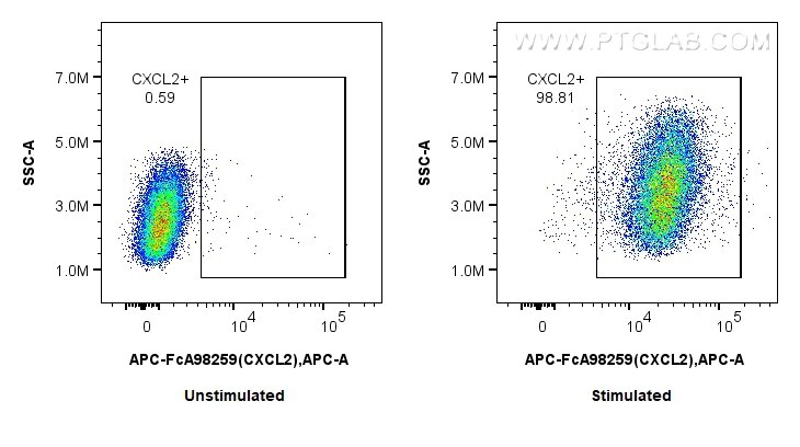 1x10^6 untreated (left) or LPS and Brefeldin A treated (right) RAW 264.7 cells were intracellularly stained with 0.1 ug APC Anti-Mouse CXCL2 Rabbit RecAb (APC-FcA98259, Clone: 242007G5). Cells were fixed with 4% PFA and permeabilized with Flow Cytometry Perm Buffer (PF00011-C). Flow cytometry (FC) experiment of RAW 264.7 cells using FcZero-rAb™ APC Anti-Mouse CXCL2 Rabbit Recombinan (APC-FcA98259)