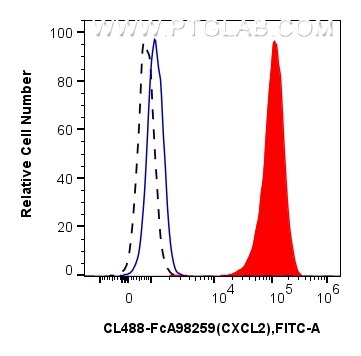 FC experiment of RAW 264.7 using CL488-FcA98259 Flow cytometry (FC) experiment of RAW 264.7 cells using FcZero-rAb® CoraLite® Plus 488 Anti-Mouse CXCL2 Ra (CL488-FcA98259)