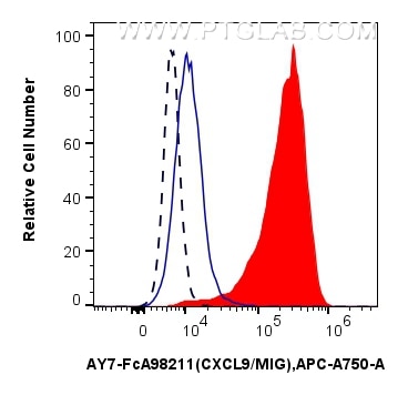 1x10^6 IFN gamma, TNF α and Brefeldin A treated human PBMCs were intracellularly stained with 5 ul APC-Cyanine7 Anti-Human CXCL9/MIG Rabbit RecAb (AY7-FcA98211, Clone: 241437F5) (red) or FcZero-rAb™ APC-Cyanine7 Rabbit IgG Isotype Control Recombinant Antibody (AY7-FcA98136, Clone: 240953C9) (blue). 1x10^6 untreated human PBMCs were intracellularly stained with 5 ul APC-Cyanine7 Anti-Human CXCL9/MIG Rabbit RecAb (AY7-FcA98211, Clone: 241437F5) (black, dashed). Cells were incubated with MonoZero™ Monocytes blocking Reagent(PF00020) prior to staining. Cells were fixed with 4% PFA and permeabilized with Flow Cytometry Perm Buffer (PF00011-C). Flow cytometry (FC) experiment of human PBMCs using FcZero-rAb™ APC-Cyanine7 Anti-Human CXCL9/MIG Rabb (AY7-FcA98211)