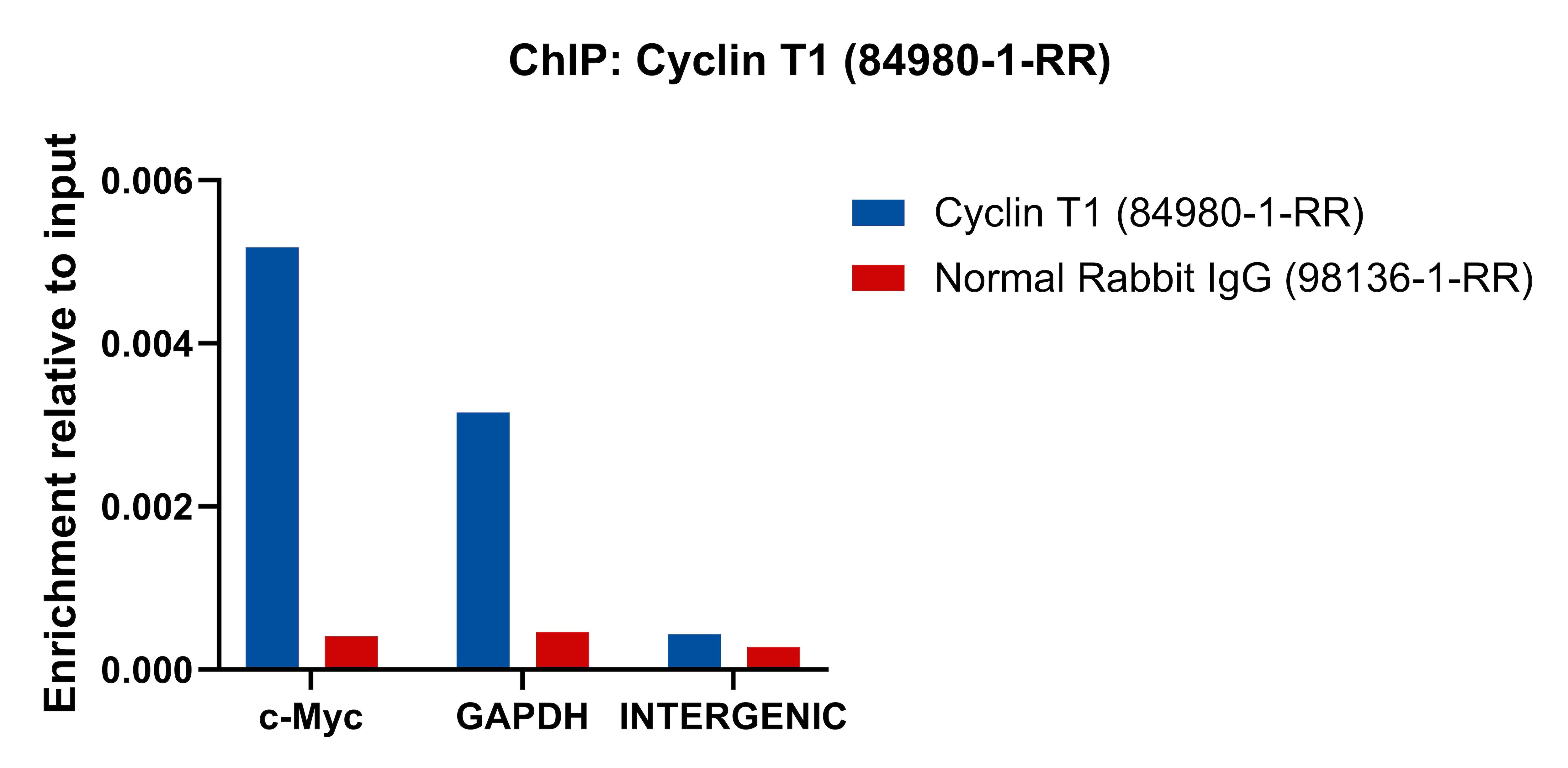 Chromatin was prepared from HCT 116 cells. Cells were fixed with formaldehyde for 10 minutes. The ChIP was performed with 15 µg of cross-linked chromatin, 5 µg of Cyclin T1 (84980-1-RR) or 5 ug of Normal Rabbit IgG (98136-1-RR), and 20 µl of Protein A Magarose Beads. The immunoprecipitated DNA was quantified by real-time PCR. ChIP experiment of HCT 116 cells using Cyclin T1 Recombinant monoclonal antibody (84980-1-RR)