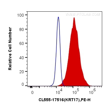 Flow cytometry (FC) experiment of HeLa cells using CoraLite®555-conjugated Cytokeratin 17-Specific Po (CL555-17516)