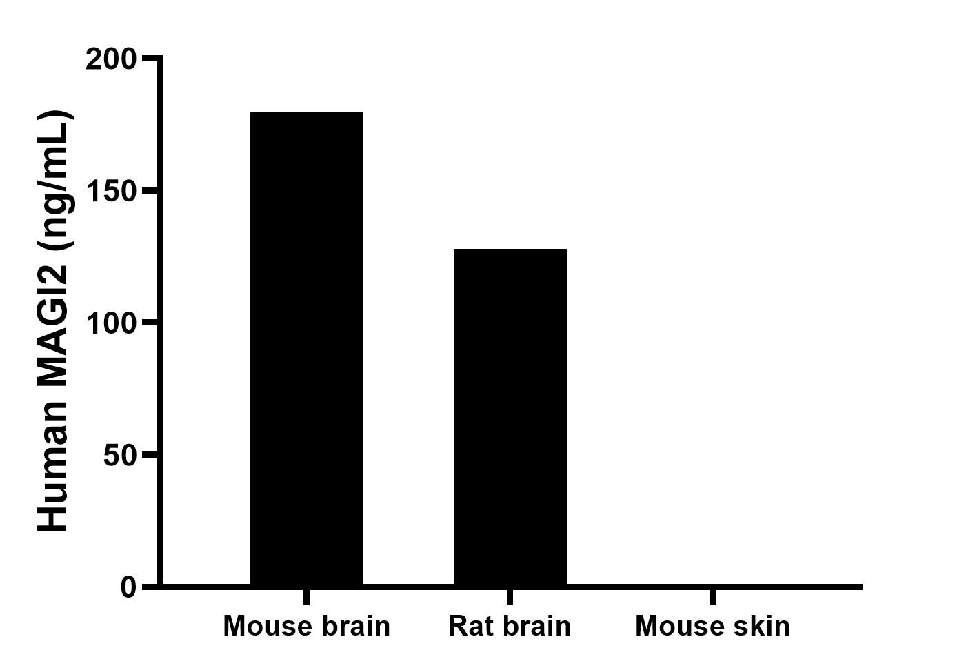 The mean MAGI2 concentration was determined to be 179.5 ng/mL in mouse brain tissue extract based on a 6.3 mg/mL extract load, 128.0 ng/mL in rat brain tissue extract based on a 8.2 mg/mL extract load, mouse skin tissue extract were served as a negative control. The mean MAGI2 concentration was determined to be 179.5 ng/mL in mouse brain tissue extract based on a 6.3 mg/mL extract load, 128.0 ng/mL in rat brain tissue extract based on a 8.2 mg/mL extract load, mouse skin tissue extract were served as a negative control.