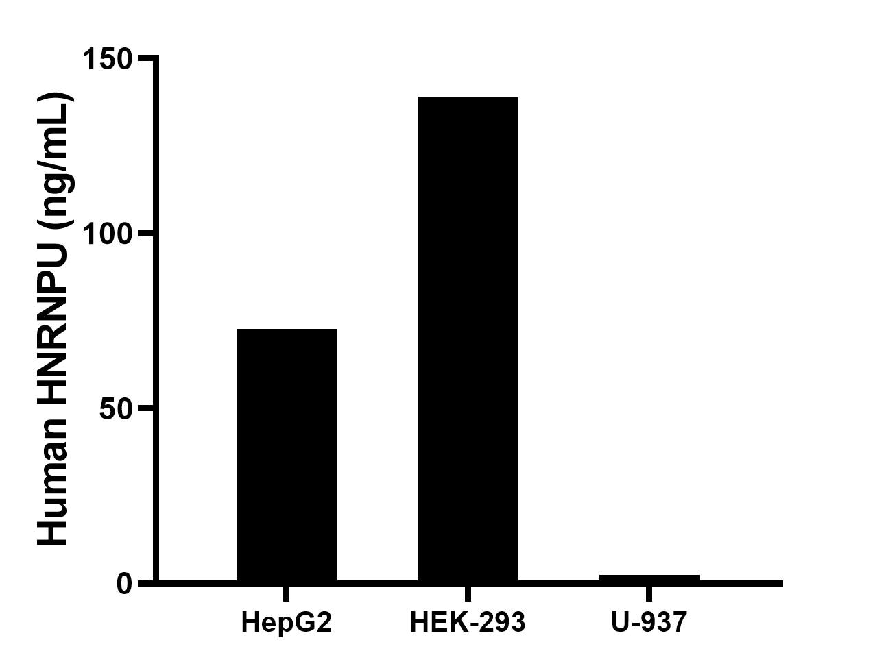 The mean HNRNPU concentration was determined to be 72.2 ng/mL in HepG2 cell extract based on a 1.2 mg/mL extract load, 139.0 ng/mL in HEK-293 cell extract based on a 1.2 mg/mL extract load, 2.5 ng/mL in U-937 cell extract based on a 2.6 mg/mL extract load.