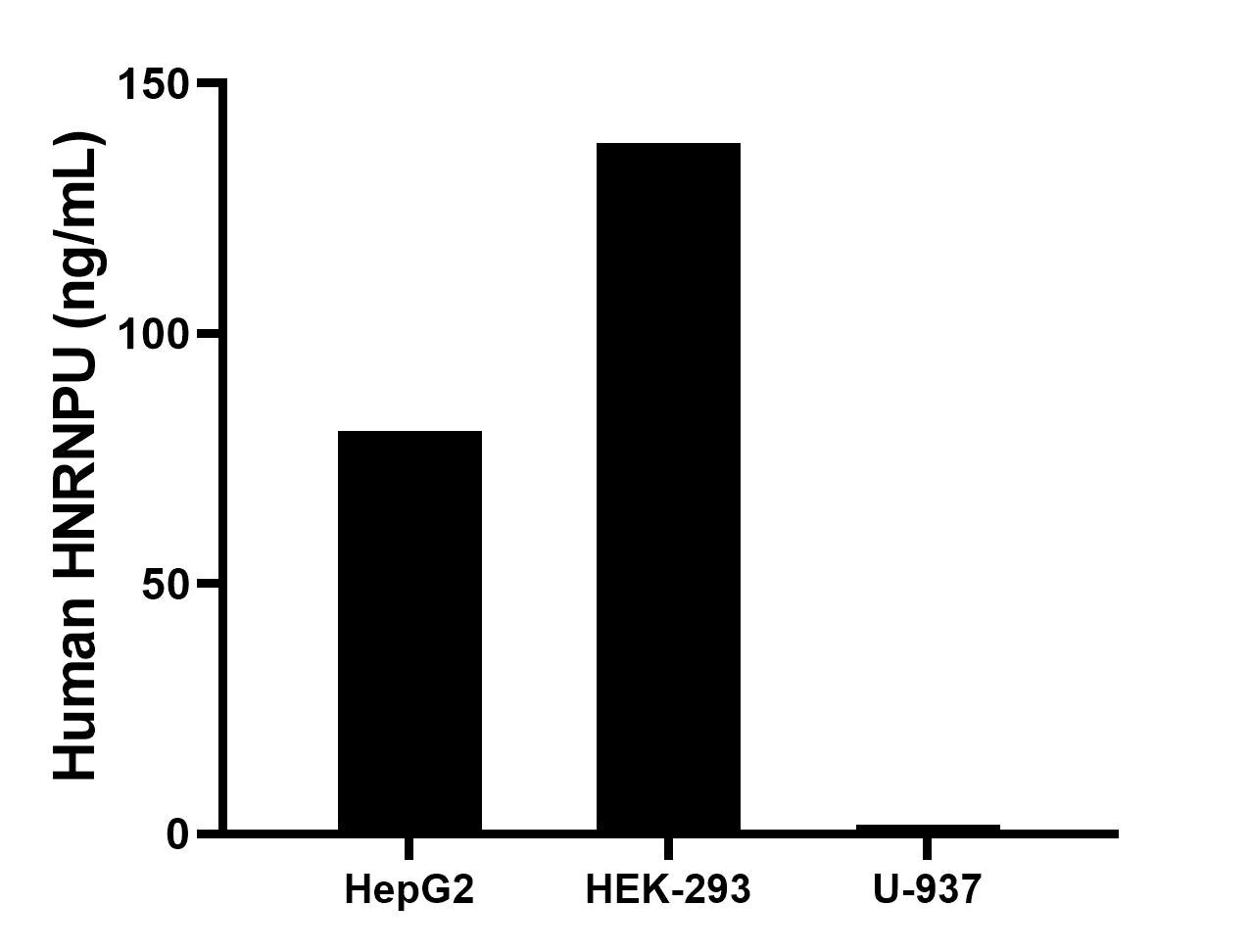The mean HNRNPU concentration was determined to be 80.6 ng/mL in HepG2 cell extract based on a 1.2 mg/mL extract load, 137.9 ng/mL in HEK-293 cell extract based on a 1.2 mg/mL extract load, 1.9 ng/mL in U-937 cell extract based on a 2.6 mg/mL extract load.