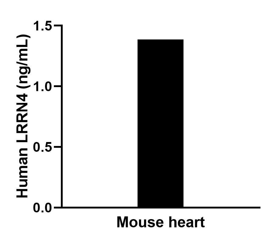 The mean LRRN4 concentration was determined to be 1.4 ng/mL in Mouse heart tissue extract based on a 7.1 mg/mL extract load. The mean LRRN4 concentration was determined to be 1.4 ng/mL in Mouse heart tissue extract based on a 7.1 mg/mL extract load.