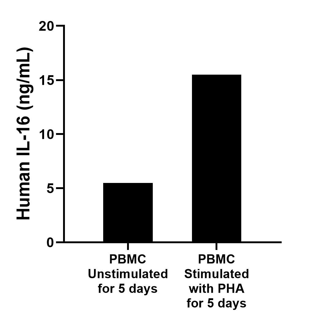Human peripheral blood mononuclear cells (PBMC) were cultured  unstimulated  or stimulated with 10 μg/mL PHA for 5 days. The mean IL-16 concentration was determined to be 5.5 ng/mL in unstimulated PBMC supernatant,15.5 ng/mL in PHA stimulated PBMC supernatant.