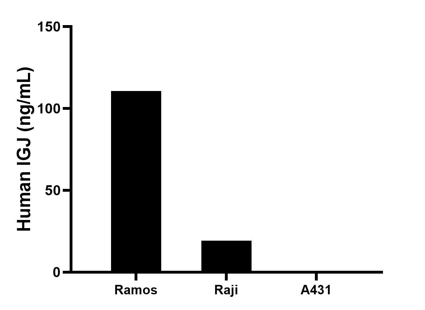 The mean IGJ concentration was determined to be 110.7 ng/mL in Ramos cell extract based on a 1.2 mg/mL extract load, 19.3 ng/mL in Raji cell extract based on a 1.2 mg/mL extract load, A431 cell extract were served as a negative control. The mean IGJ concentration was determined to be 110.7 ng/mL in Ramos cell extract based on a 1.2 mg/mL extract load, 19.3 ng/mL in Raji cell extract based on a 1.2 mg/mL extract load, A431 cell extract were served as a negative control.