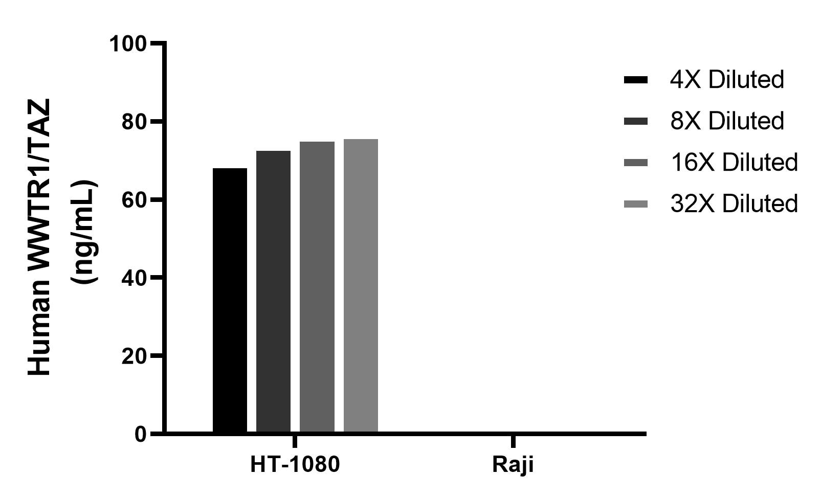 The mean WWTR1/TAZ concentration was determined to be 73.9 ng/mL in HT-1080 cell extract based on a 1.2 mg/mL extract load, Raji cell extract were served as a negative control. The mean WWTR1/TAZ concentration was determined to be 73.9 ng/mL in HT-1080 cell extract based on a 1.2 mg/mL extract load, Raji cell extract were served as a negative control.