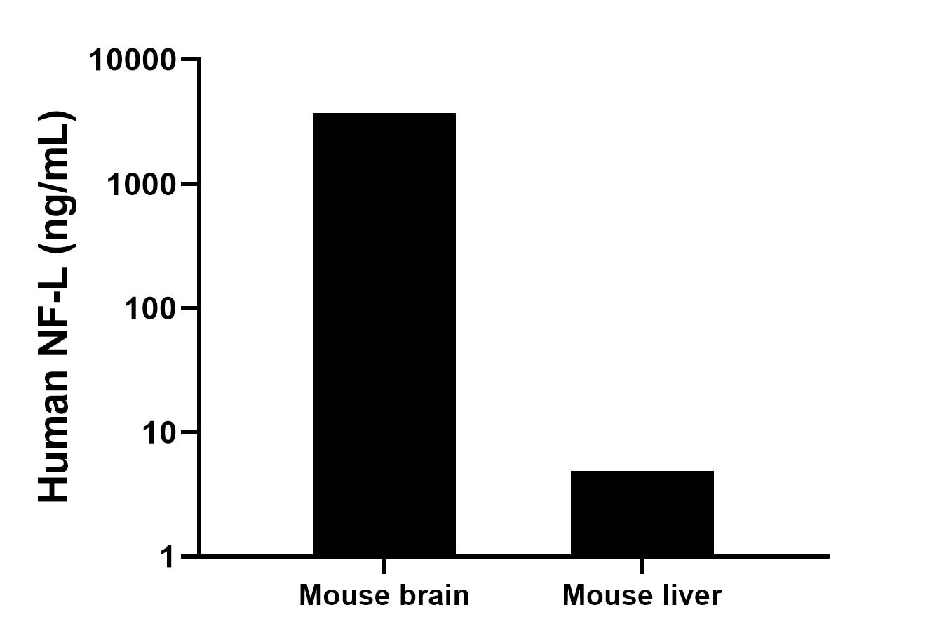 The mean NF-L concentration was determined to be 3685.4 ng/mL in mouse brain tissue extract based on a 6.3 mg/mL extract load, 4.9 ng/mL in mouse liver tissue extract based on a 8.4 mg/mL extract load. The mean NF-L concentration was determined to be 3685.4 ng/mL in mouse brain tissue extract based on a 6.3 mg/mL extract load, 4.9 ng/mL in mouse liver tissue extract based on a 8.4 mg/mL extract load.