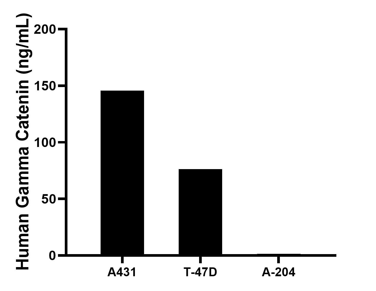 The mean Gamma Catenin concentration was determined to be 145.6 ng/mL in A431 cell extract based on a 1.2 mg/mL extract load, 76.2 ng/mL in T-47D cell extract based on a 1.2 mg/mL extract load, 1.5 ng/mL in A-204 cell extract based on a 1.2 mg/mL extract load.