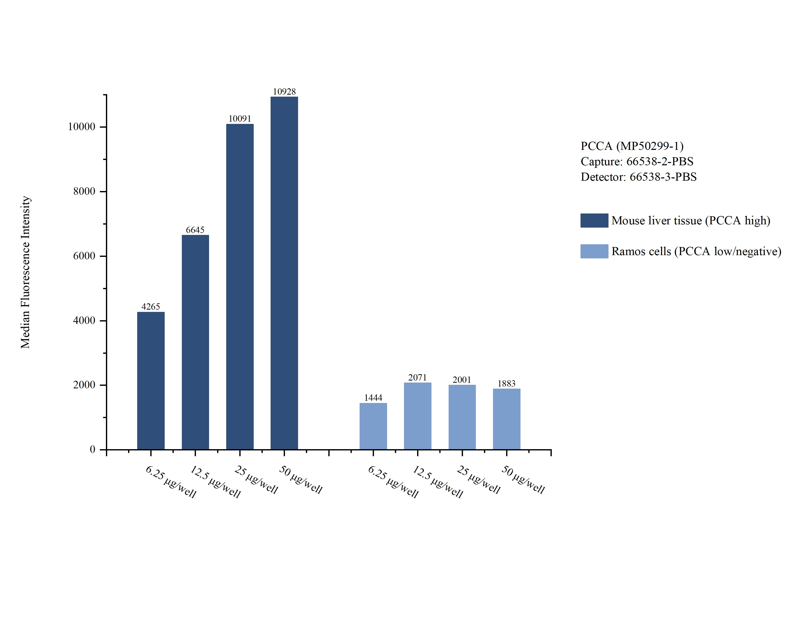 Cytometric bead array sample test of MP50299-1, PCCA Monoclonal Matched Antibody Pair, PBS Only. Capture antibody: 66538-2-PBS. Detection antibody: 66538-3-PBS. Cytometric bead array sample test of MP50299-1