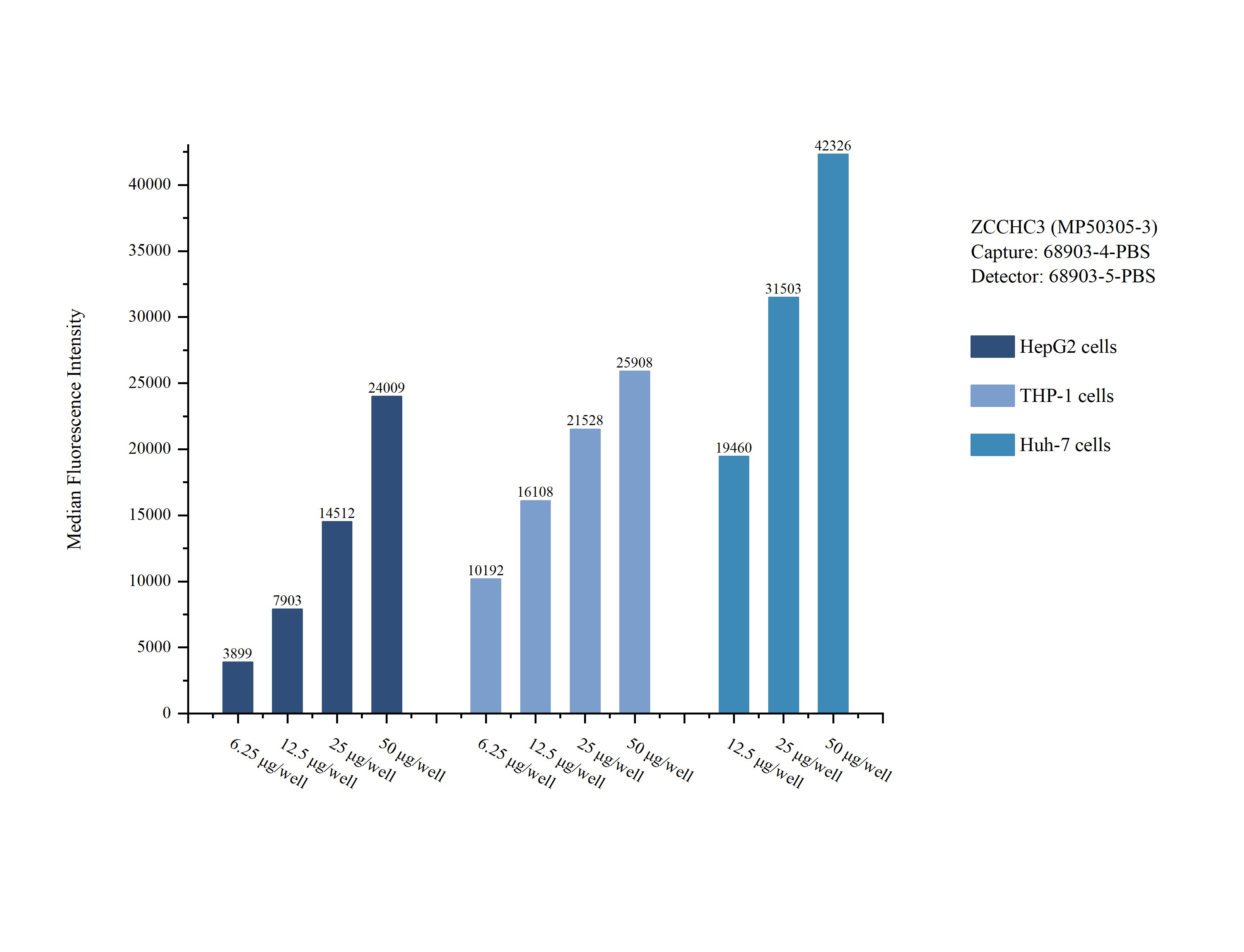Cytometric bead array sample test of MP50305-3, ZCCHC3 Monoclonal Matched Antibody Pair, PBS Only. Capture antibody: 68903-4-PBS. Detection antibody: 68903-5-PBS. 