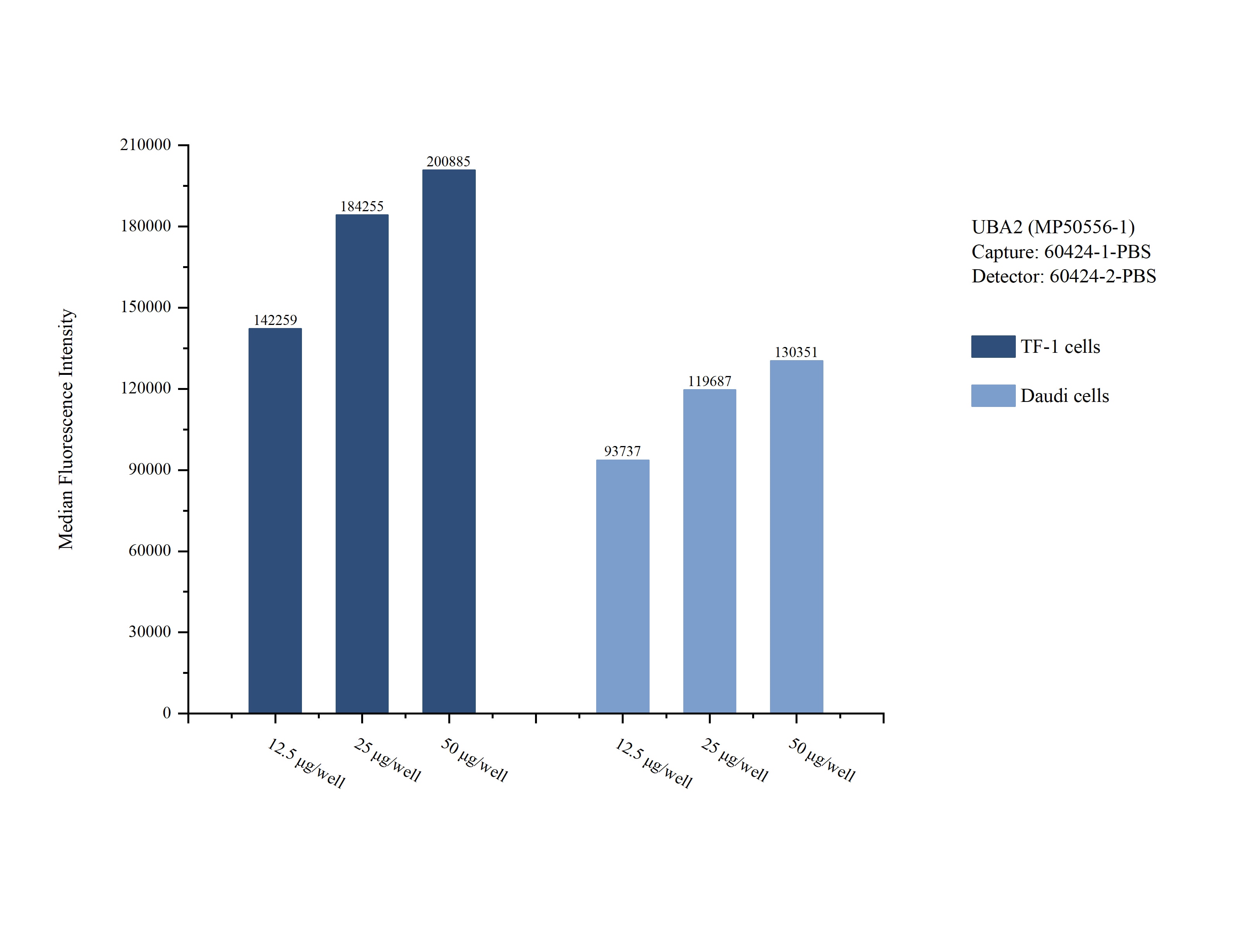 Cytometric bead array sample test of MP50556-1, UBA2 Monoclonal Matched Antibody Pair, PBS Only. Capture antibody: 60424-1-PBS. Detection antibody: 60424-2-PBS. Cytometric bead array sample test of MP50556-1