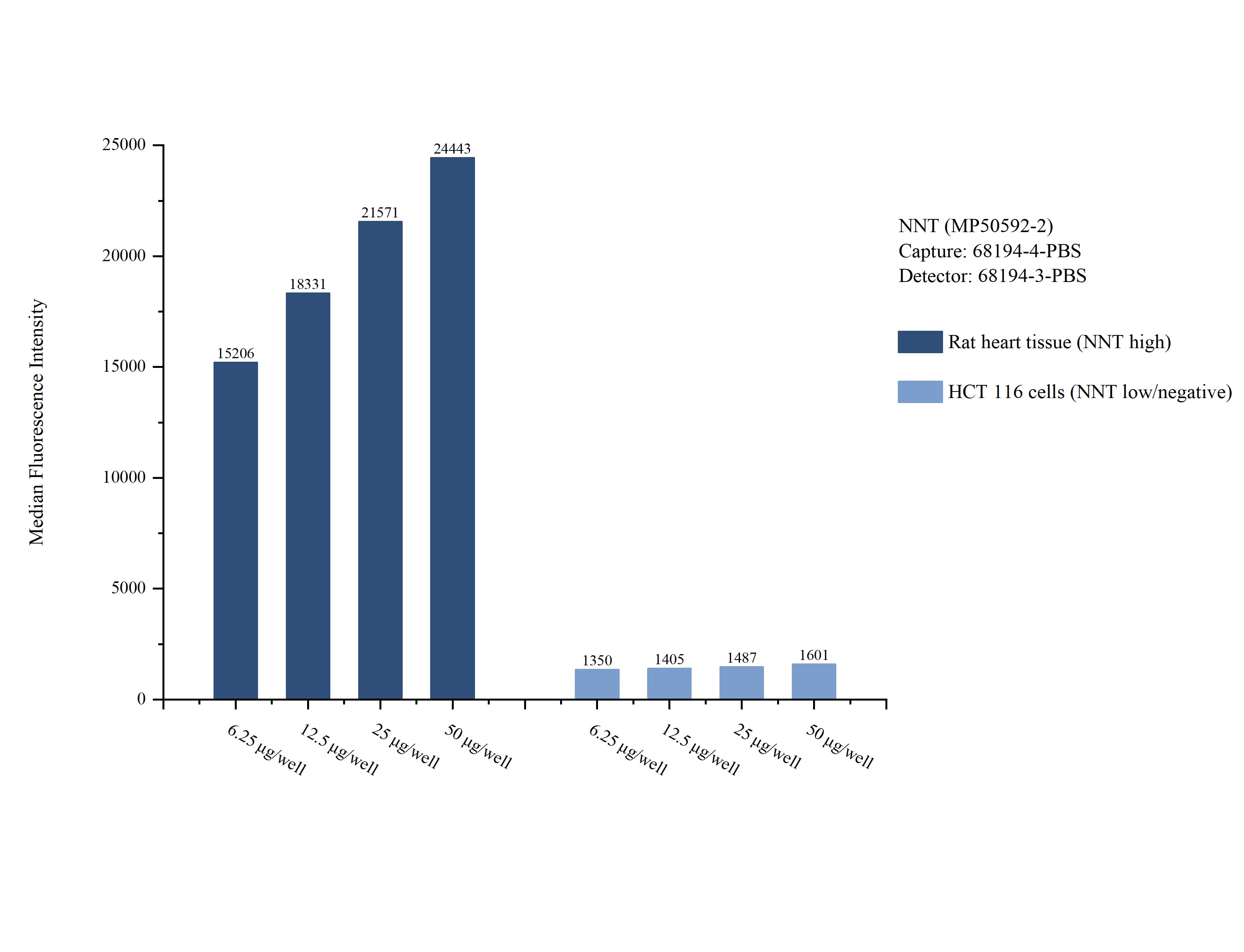 Cytometric bead array sample test of MP50592-2, NNT Monoclonal Matched Antibody Pair, PBS Only. Capture antibody: 68194-4-PBS. Detection antibody: 68194-3-PBS. Cytometric bead array sample test of MP50592-2