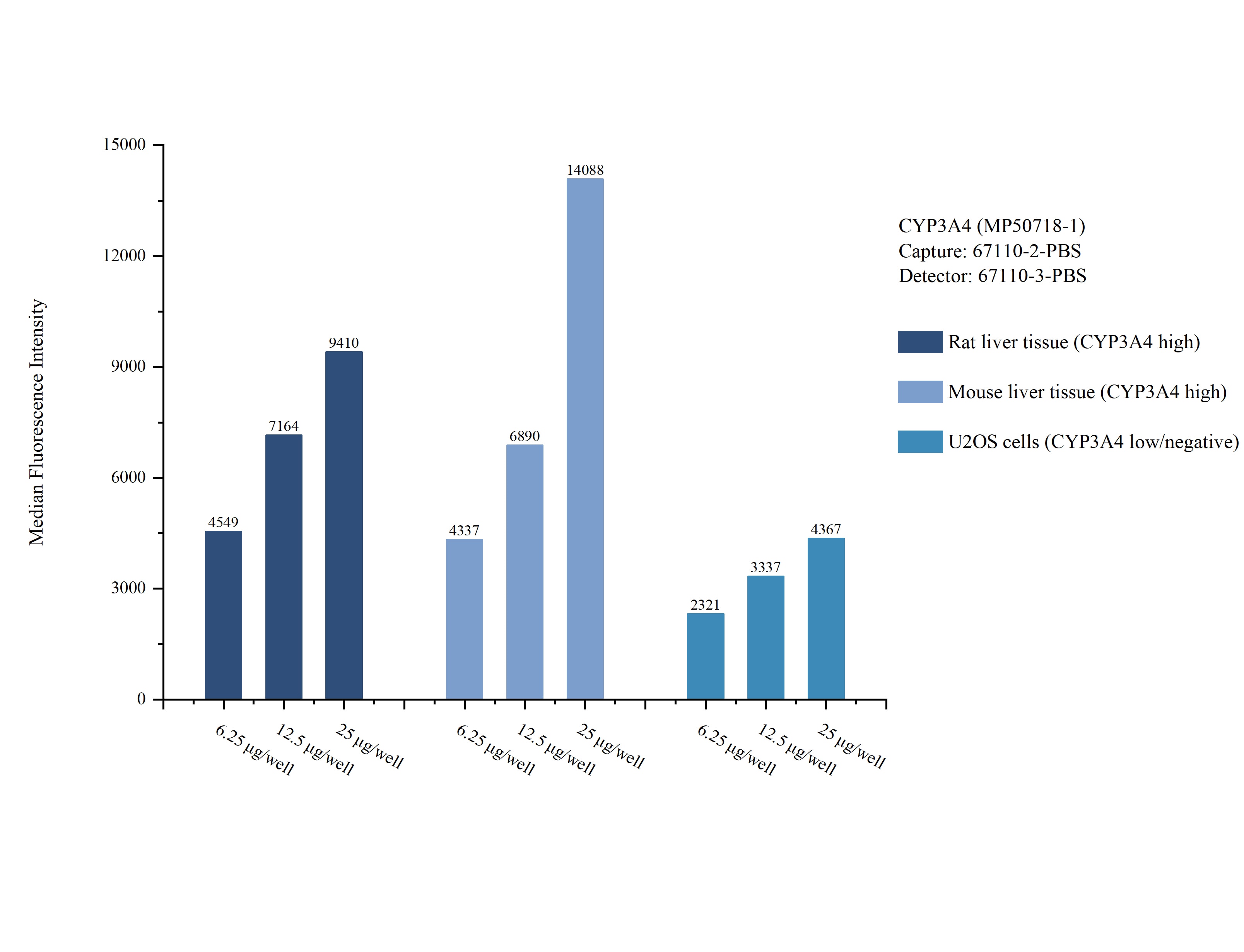 Cytometric bead array sample test of MP50718-1, CYP3A4 Monoclonal Matched Antibody Pair, PBS Only. Capture antibody: 67110-2-PBS. Detection antibody: 67110-3-PBS. 