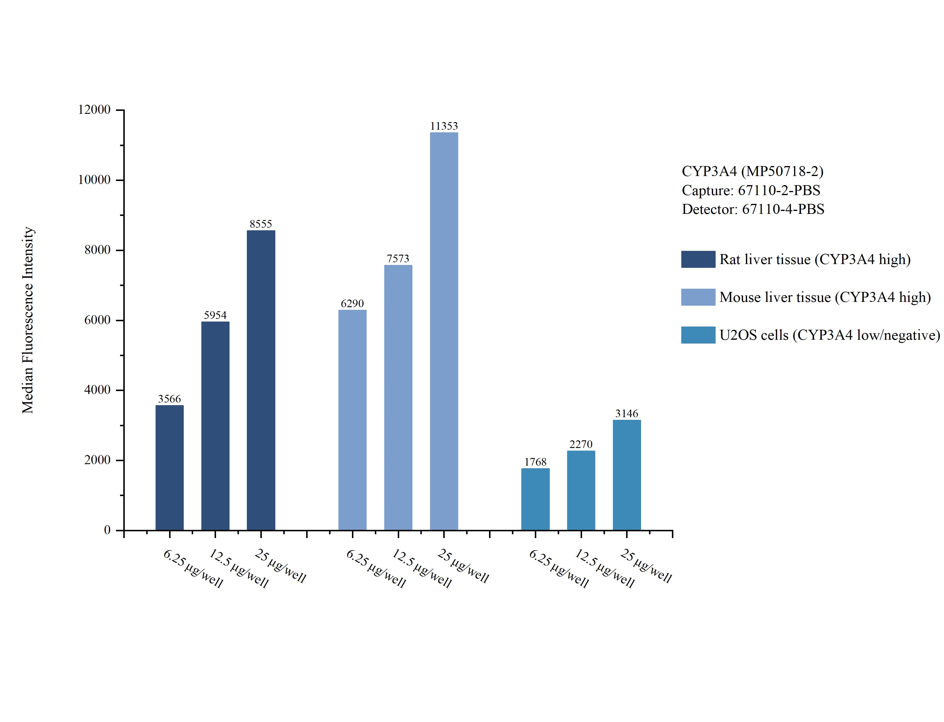 Cytometric bead array sample test of MP50718-2, CYP3A4 Monoclonal Matched Antibody Pair, PBS Only. Capture antibody: 67110-2-PBS. Detection antibody: 67110-4-PBS.
