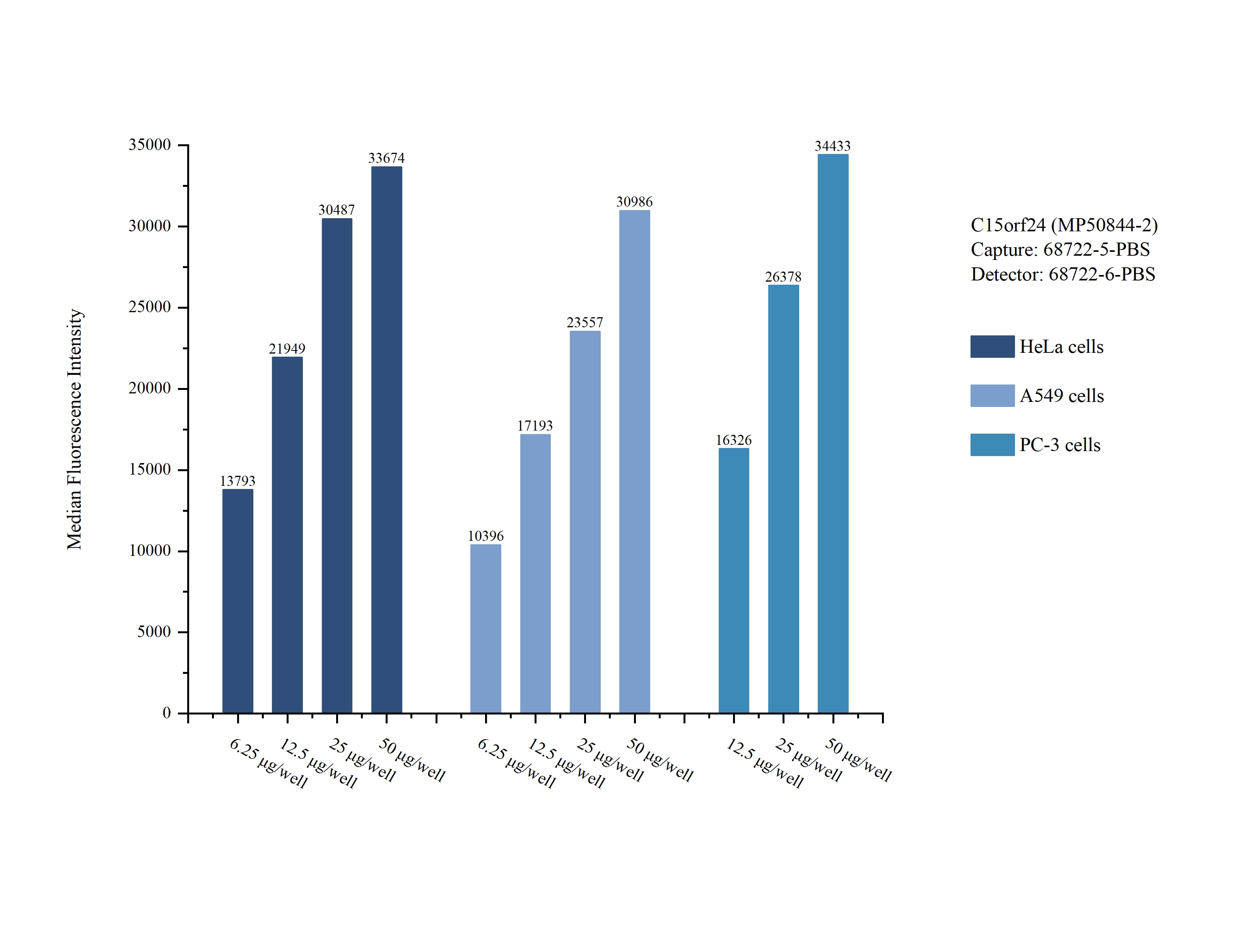 Cytometric bead array sample test of MP50844-2, C15orf24 Monoclonal Matched Antibody Pair, PBS Only. Capture antibody: 68722-5-PBS. Detection antibody: 68722-6-PBS. Cytometric bead array sample test of MP50844-2