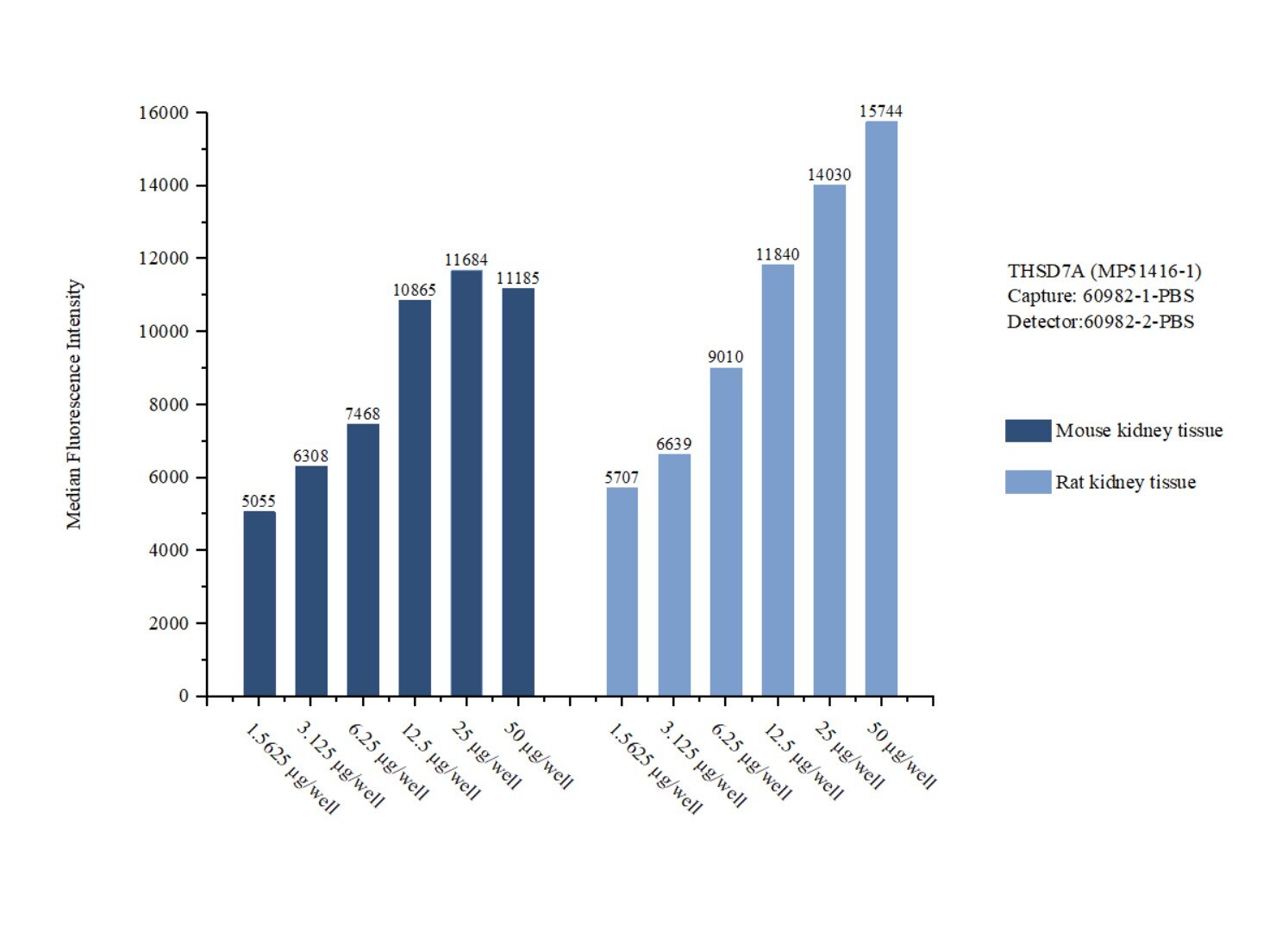 sample test of MP51416-1, THSD7A Monoclonal Matched Antibody Pair, PBS Only. Capture antibody: 60982-1-PBS. Detection antibody: 60982-2-PBS. Cytometric bead array sample test of MP51416-1