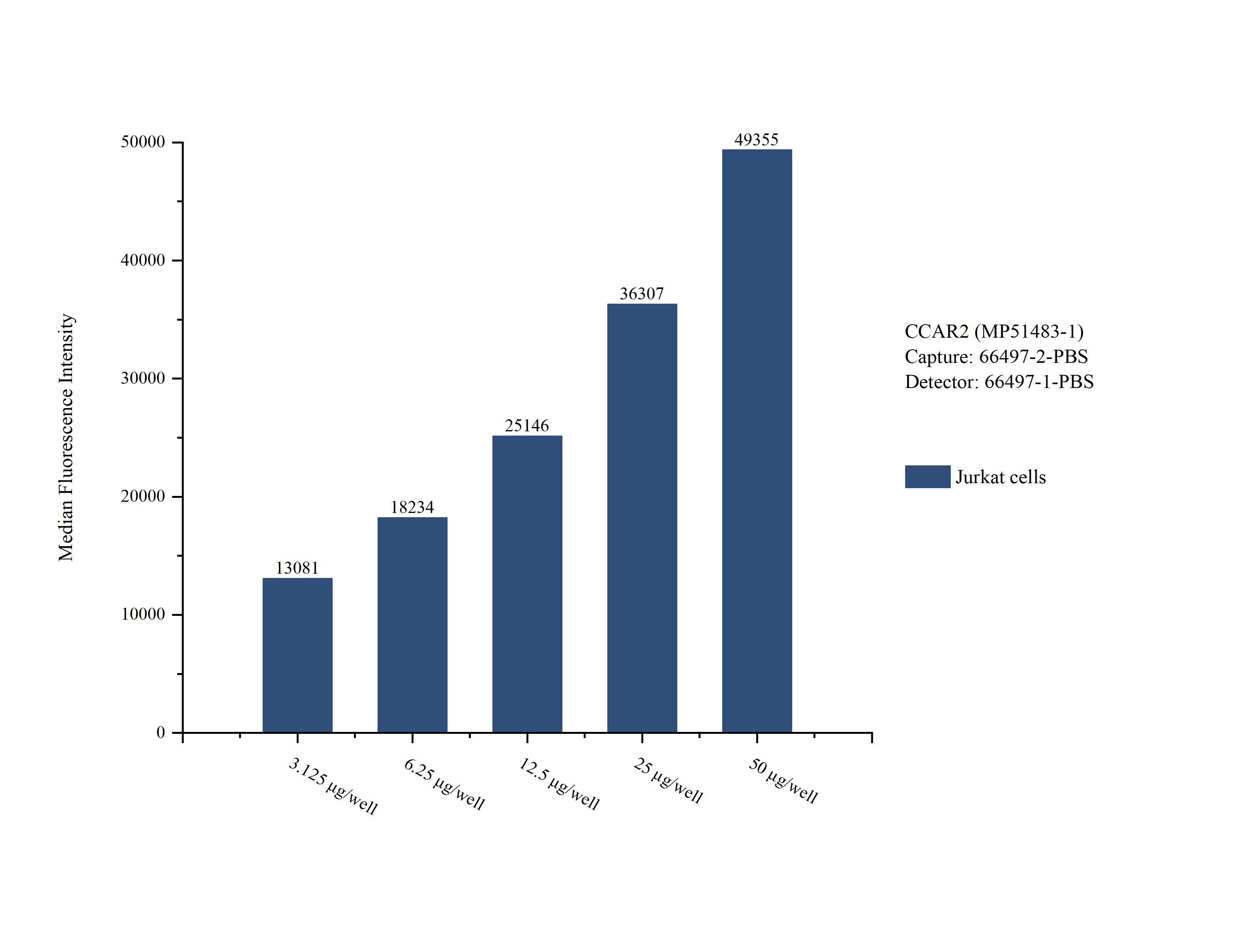 Cytometric bead array sample test of MP51483-1, CCAR2 Monoclonal Matched Antibody Pair, PBS Only. Capture antibody: 66497-2-PBS. Detection antibody: 66497-1-PBS.  Cytometric bead array sample test of MP51483-1