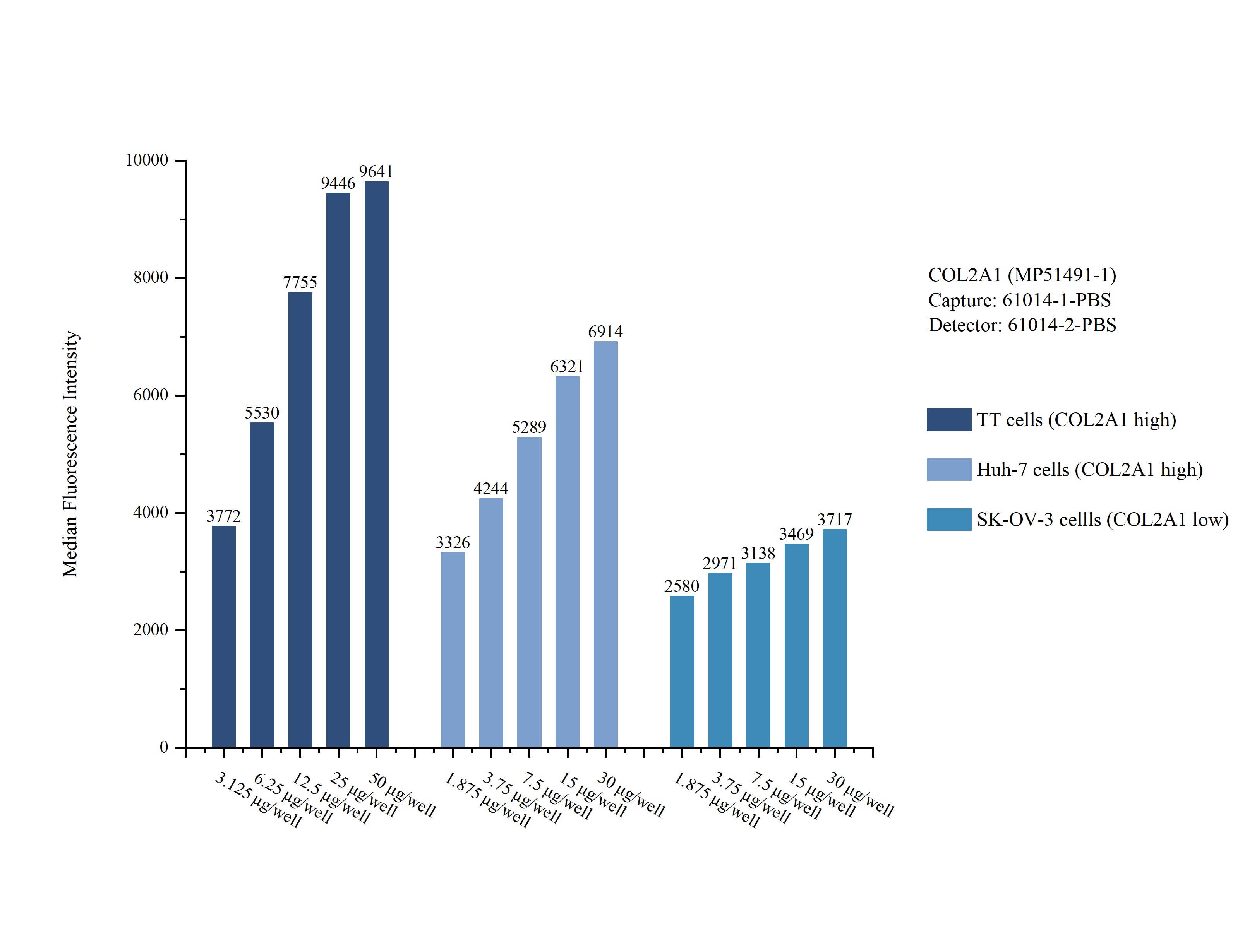 Cytometric bead array sample test of MP51491-1, COL2A1 Monoclonal Matched Antibody Pair, PBS Only. Capture antibody: 61014-1-PBS. Detection antibody: 61014-2-PBS. 