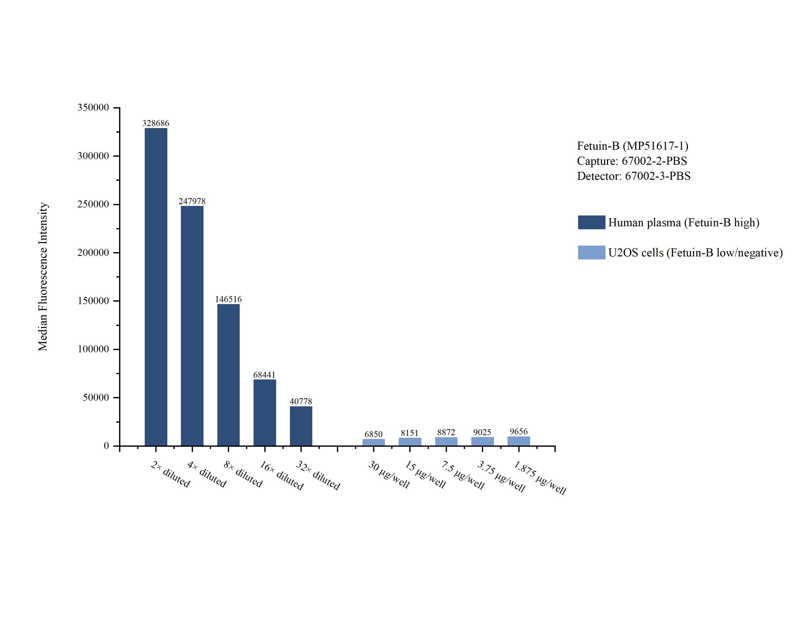 Cytometric bead array sample test of MP51617-1, Fetuin-B Monoclonal Matched Antibody Pair, PBS Only. Capture antibody: 67002-2-PBS. Detection antibody: 67002-3-PBS. Cytometric bead array sample test of MP51617-1
