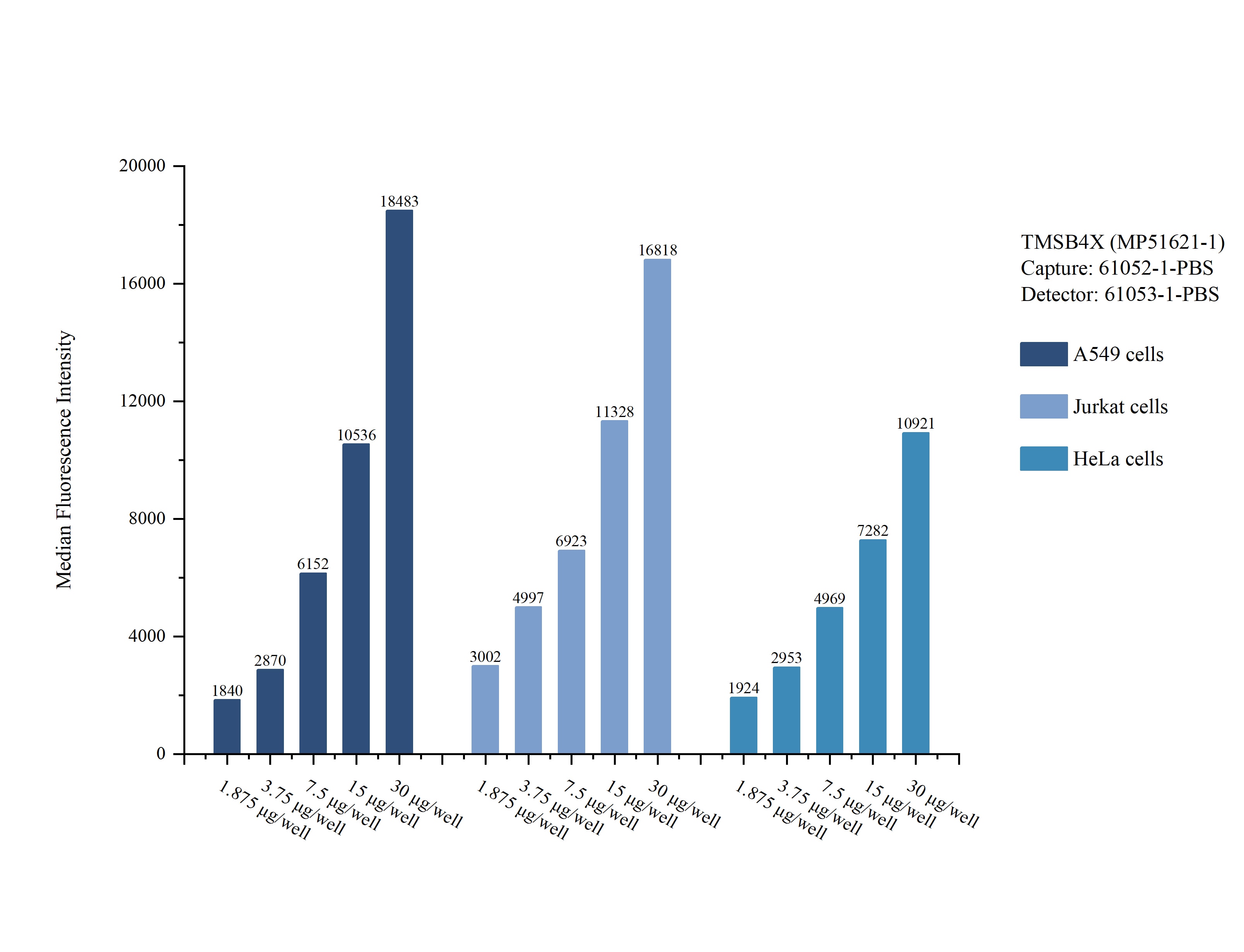 Cytometric bead array sample test of MP51621-1, TMSB4X Monoclonal Matched Antibody Pair, PBS Only. Capture antibody: 61052-1-PBS. Detection antibody: 61053-1-PBS. Cytometric bead array sample test of MP51621-1