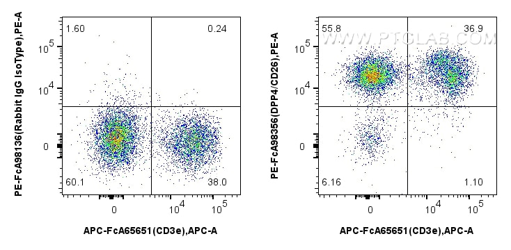 1x10^6 mouse splenocytes were surface stained with APC Anti-Mouse CD3e (145-2C11), and 0.1 ug PE Anti-Mouse DPP4/CD26 Rabbit RecAb (PE-FcA98356, Clone: 242823A9) or 0.1 ug PE Rabbit IgG Isotype Control RecAb (PE-FcA98136, Clone: 240953C9). Cells were not fixed. Flow cytometry (FC) experiment of mouse splenocytes using FcZero-rAb™ PE Anti-Mouse DPP4/CD26 Rabbit Recombi (PE-FcA98356)