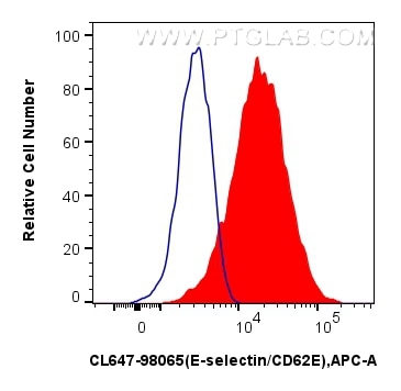 1x10^6 bEnd.3 cells were surface stained with 0.25 ug CoraLite® Plus 647 Anti-Mouse E-selectin/CD62E Rabbit RecAb (CL647-98065, Clone: 240700D4) (red), or 0.25 ug CoraLite® Plus 647 Rabbit IgG Isotype Control RecAb (CL647-98136, Clone: 240953C9) (blue). Cells were not fixed. Flow cytometry (FC) experiment of bEnd.3 cells using CoraLite® Plus 647 Anti-Mouse E-selectin/CD62E Rab (CL647-98065)