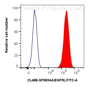 FC experiment of A431 using CL488-SF98344 Flow cytometry (FC) experiment of A431 cells using CoraLite® Plus 488 Anti-Human EGFR Rabbit scFv Ant (CL488-SF98344)