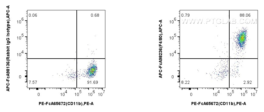 Flow cytometry (FC) experiment of mouse peritoneal macrophages using FcZero-rAb™ APC Anti-Mouse F4/80 Rabbit Recombinan (APC-FcA98236)