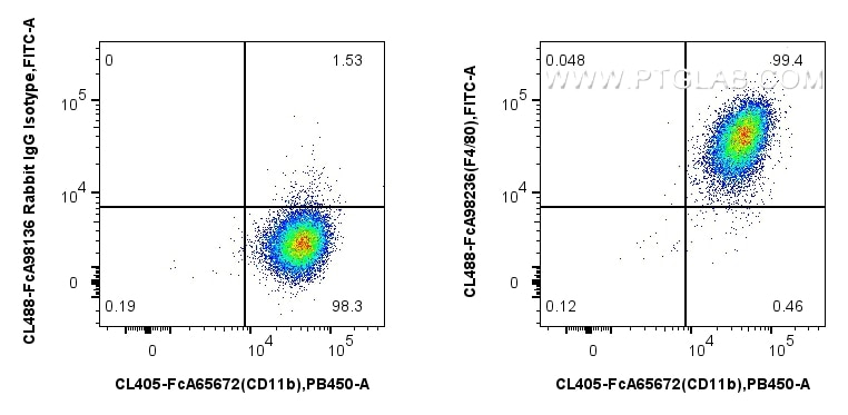Flow cytometry (FC) experiment of mouse peritoneal macrophages using FcZero-rAb® CoraLite® Plus 488 Anti-Mouse F4/80 Ra (CL488-FcA98236)