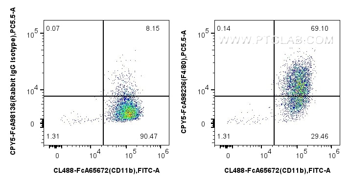 Flow cytometry (FC) experiment of mouse peritoneal macrophages using FcZero-rAb® PerCP-Cyanine5.5 Anti-Mouse F4/80 Rabb (CPY5-FcA98236)