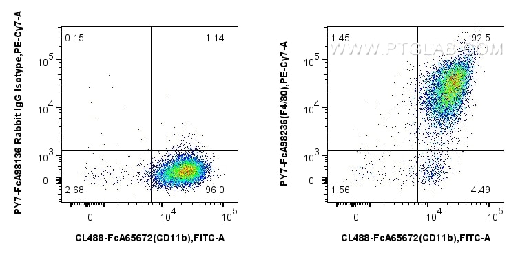 FC experiment of mouse peritoneal macrophages using PY7-FcA98236 Flow cytometry (FC) experiment of mouse peritoneal macrophages using FcZero-rAb® PE-Cyanine7 Anti-Mouse F4/80 Rabbit Re (PY7-FcA98236)