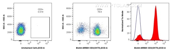 Flow cytometric analysis of human PBMCs using Biotin anti-human CD3 and CoraLite®594-conjugated Streptavidin. Human PBMCs were stained with Biotin CD3 Recombinant Antibody (Cat.No. Biotin-65569, Clone: OKT3), washed with PBS, and stained with CoraLite®594-conjugated Streptavidin (Cat.No.CL594-PF00030) and analyzed by flow cytometry.